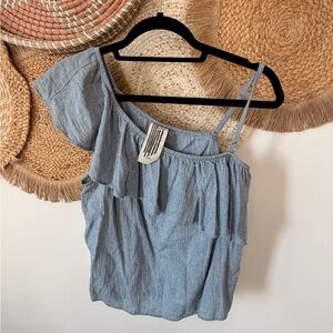 Free People Denim Blue Ruffle Blouse